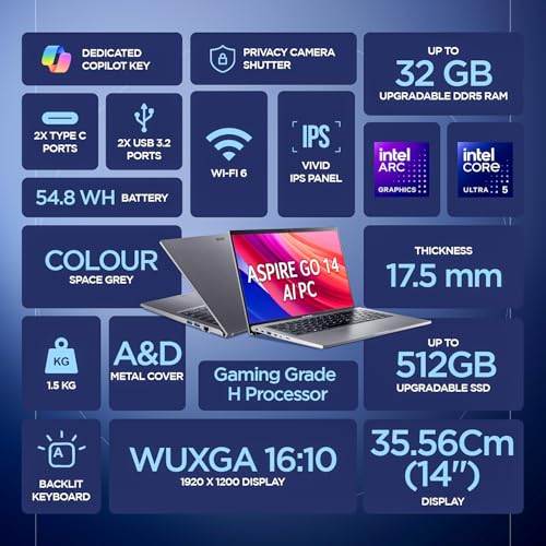 acer Aspire Go 14, Intel Core Ultra 5 125H (14th Gen),16GB DDR5 RAM/512GB SSD, WUXGA IPS, 14.0"/35.56 cm, Win 11, MS Office, Steel Gray, 1.5 kg, AG14-71M,Backlit Keyboard, AI Powered Premium Laptop 