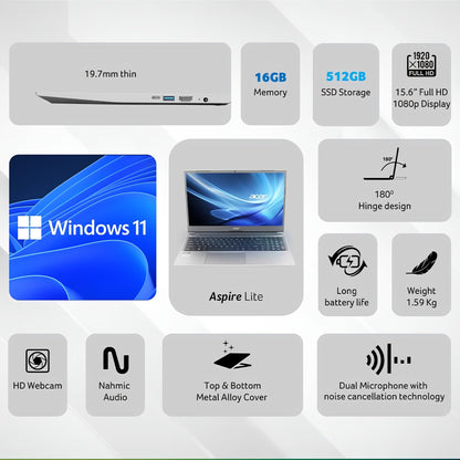 acer Aspire Lite (2025) AMD Ryzen 3 Quad Core 5300U - (16 GB/512 GB SSD/AMD Radeon Graphics/Windows 11 Home) AL15-41 Thin and Light Laptop (15.6 Inch FHD, Steel Grey, 1.5 Kg/MS Office 2021 