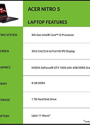 Acer Nitro 5 Intel Core i5-9th Gen 15.6" (39.62cms) Display 1920 x 1080 Thin and Light Gaming Laptop (8GB Ram/1TB HDD/Windows 10 Home/GTX 1650 Graphics/Obsidian Black/2.3 Kgs), AN515-54 
