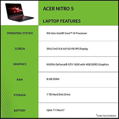 Acer Nitro 5 Intel Core i5-9th Gen 15.6" (39.62cms) Display 1920 x 1080 Thin and Light Gaming Laptop (8GB Ram/1TB HDD/Windows 10 Home/GTX 1650 Graphics/Obsidian Black/2.3 Kgs), AN515-54 