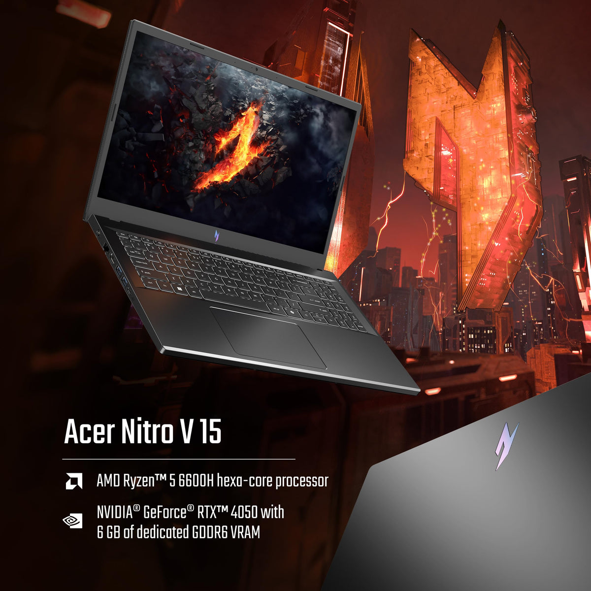 Acer Nitro V 15, AMD Ryzen 5 6600H Hexa-core Processor,NVIDIA GeForce RTX 4050-6GB GDDR6,16 GB, 512 GB, Full HD IPS, 15.6"/39.62 cm, 165 Hz, Win 11 Home,Obsidian Black, 2.1 kg, ANV15-41,Gaming Laptop 