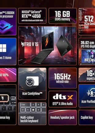 Acer Nitro V 15, AMD Ryzen 5 6600H Hexa-core Processor,NVIDIA GeForce RTX 4050-6GB GDDR6,16 GB, 512 GB, Full HD IPS, 15.6"/39.62 cm, 165 Hz, Win 11 Home,Obsidian Black, 2.1 kg, ANV15-41,Gaming Laptop 