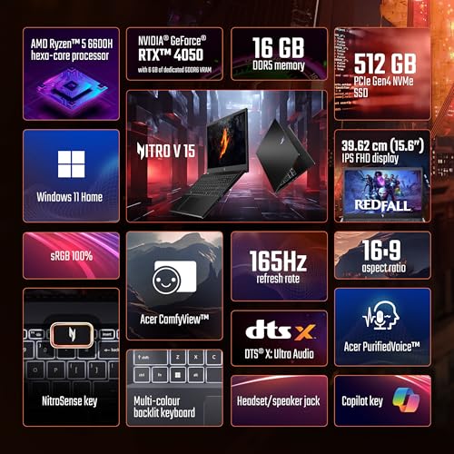 Acer Nitro V 15, AMD Ryzen 5 6600H Hexa-core Processor,NVIDIA GeForce RTX 4050-6GB GDDR6,16 GB, 512 GB, Full HD IPS, 15.6"/39.62 cm, 165 Hz, Win 11 Home,Obsidian Black, 2.1 kg, ANV15-41,Gaming Laptop 