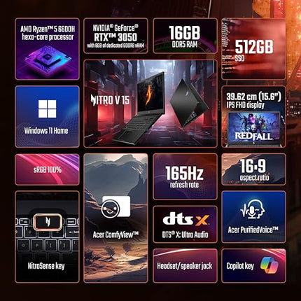 Acer Nitro V, AMD Ryzen 5 6600H Hexa-core Processor, NVIDIA GeForce RTX 3050-6GB GDDR6(16GB DDR5/512GB) IPS FHD, 15.6"/39.6cm, 165 Hz, Win 11 Home, Obsidian Black, 2.1KG, ANV15-41, Gaming Laptop 