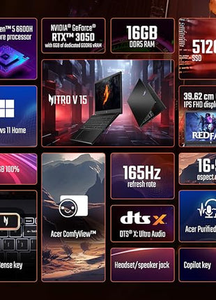 Acer Nitro V, AMD Ryzen 5 6600H Hexa-core Processor, NVIDIA GeForce RTX 3050-6GB GDDR6(16GB DDR5/512GB) IPS FHD, 15.6"/39.6cm, 165 Hz, Win 11 Home, Obsidian Black, 2.1KG, ANV15-41, Gaming Laptop 