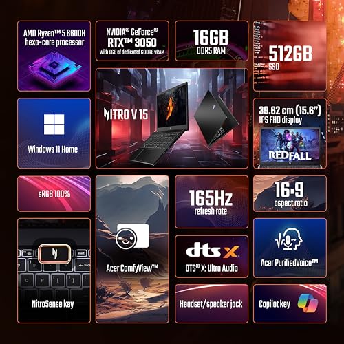 Acer Nitro V, AMD Ryzen 5 6600H Hexa-core Processor, NVIDIA GeForce RTX 3050-6GB GDDR6(16GB DDR5/512GB) IPS FHD, 15.6"/39.6cm, 165 Hz, Win 11 Home, Obsidian Black, 2.1KG, ANV15-41, Gaming Laptop 