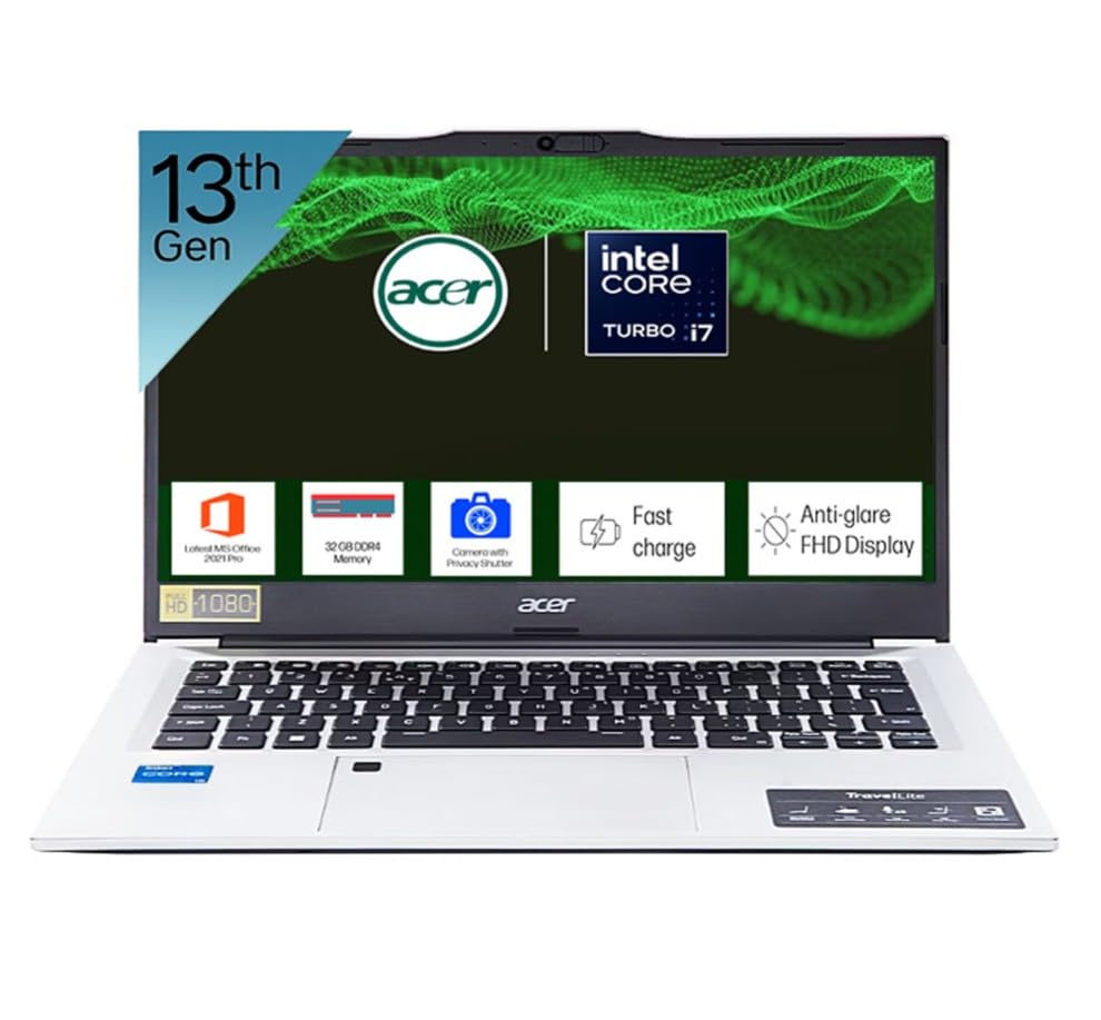 acer Professional 14[New Launch], 13th Gen Intel Core i7-1355U Turbo Boost, 32GB DDR4, 1TB SSD, Win11 Pro, MSO21, 14inch FHD Laptop, 3 Year Warranty, 1 Year Anti Virus, Fingerprint, Backlit KB 