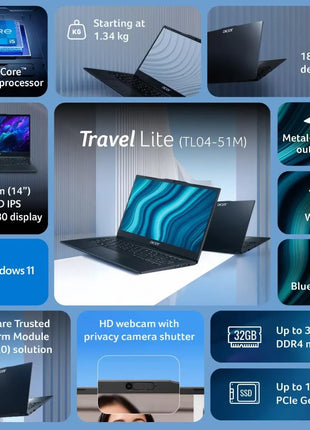 acer TravelLite Smart FHD TL04-51M Laptop, Intel Core i5 1334u 13th Gen 8 Core with 16GB Ram / 512GB NVMe SSD/Intel Iris Xe Graphics/Windows 11 / MS-Office / 14 Inch / 1 Year Brand Warranty 