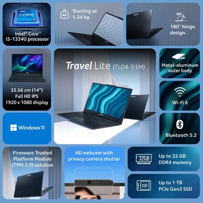 acer TravelLite Smart FHD TL04-51M Laptop, Intel Core i5 1334u 13th Gen 8 Core with 16GB Ram / 512GB NVMe SSD/Intel Iris Xe Graphics/Windows 11 / MS-Office / 14 Inch / 1 Year Brand Warranty 