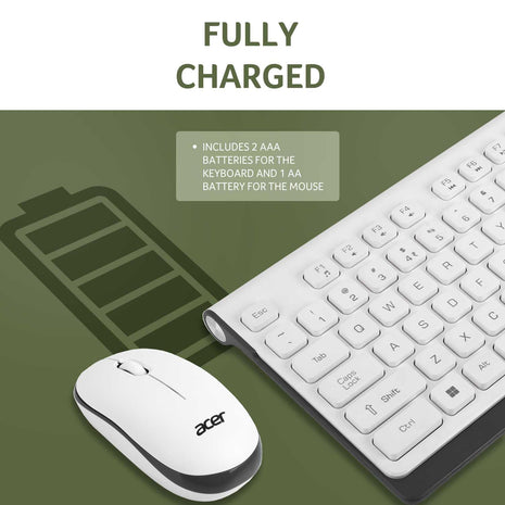 Acer Wireless Keyboard & Mouse Combo with Attractive Durable Design, 2.4GHz Nano Receiver, 10m Range, Indian Rupee Key Code, 1600 DPI, 10M Keystrokes Life for Microsoft Windows and Mac OS(White/Grey) 