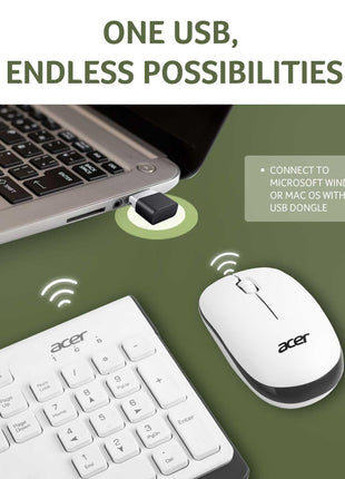 Acer Wireless Keyboard & Mouse Combo with Attractive Durable Design, 2.4GHz Nano Receiver, 10m Range, Indian Rupee Key Code, 1600 DPI, 10M Keystrokes Life for Microsoft Windows and Mac OS(White/Grey) 