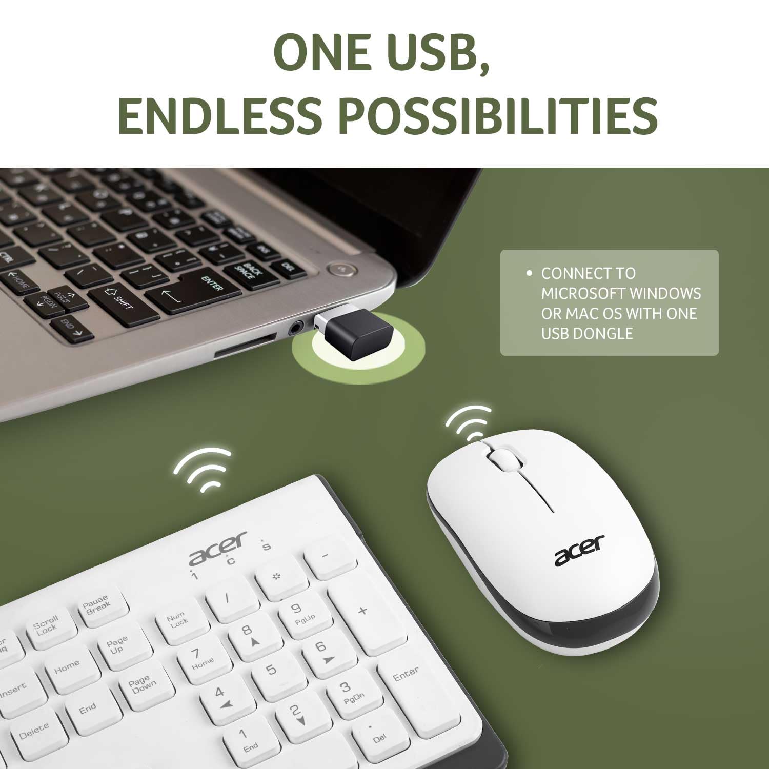 Acer Wireless Keyboard & Mouse Combo with Attractive Durable Design, 2.4GHz Nano Receiver, 10m Range, Indian Rupee Key Code, 1600 DPI, 10M Keystrokes Life for Microsoft Windows and Mac OS(White/Grey) 