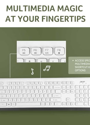 Acer Wireless Keyboard & Mouse Combo with Attractive Durable Design, 2.4GHz Nano Receiver, 10m Range, Indian Rupee Key Code, 1600 DPI, 10M Keystrokes Life for Microsoft Windows and Mac OS(White/Grey) 
