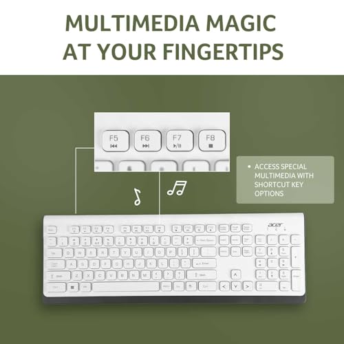 Acer Wireless Keyboard & Mouse Combo with Attractive Durable Design, 2.4GHz Nano Receiver, 10m Range, Indian Rupee Key Code, 1600 DPI, 10M Keystrokes Life for Microsoft Windows and Mac OS(White/Grey) 
