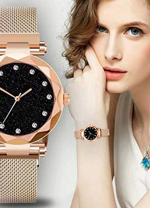 Acnos Premium Analogue Women's Rose-Gold Magnet Watch With Rosegold Bracelet With Gift Box - Metal 