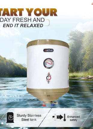 Activa 15L Water Heater Geyser with Temperature Meter, 2 KVA ISI Cooper Element, 0.75mm Anti Rust Coated Tank, ABS Body, BEE 5 Start Rated, Adjustable Thermostat, Free Instalation Kit, 5 Year Warranty 
