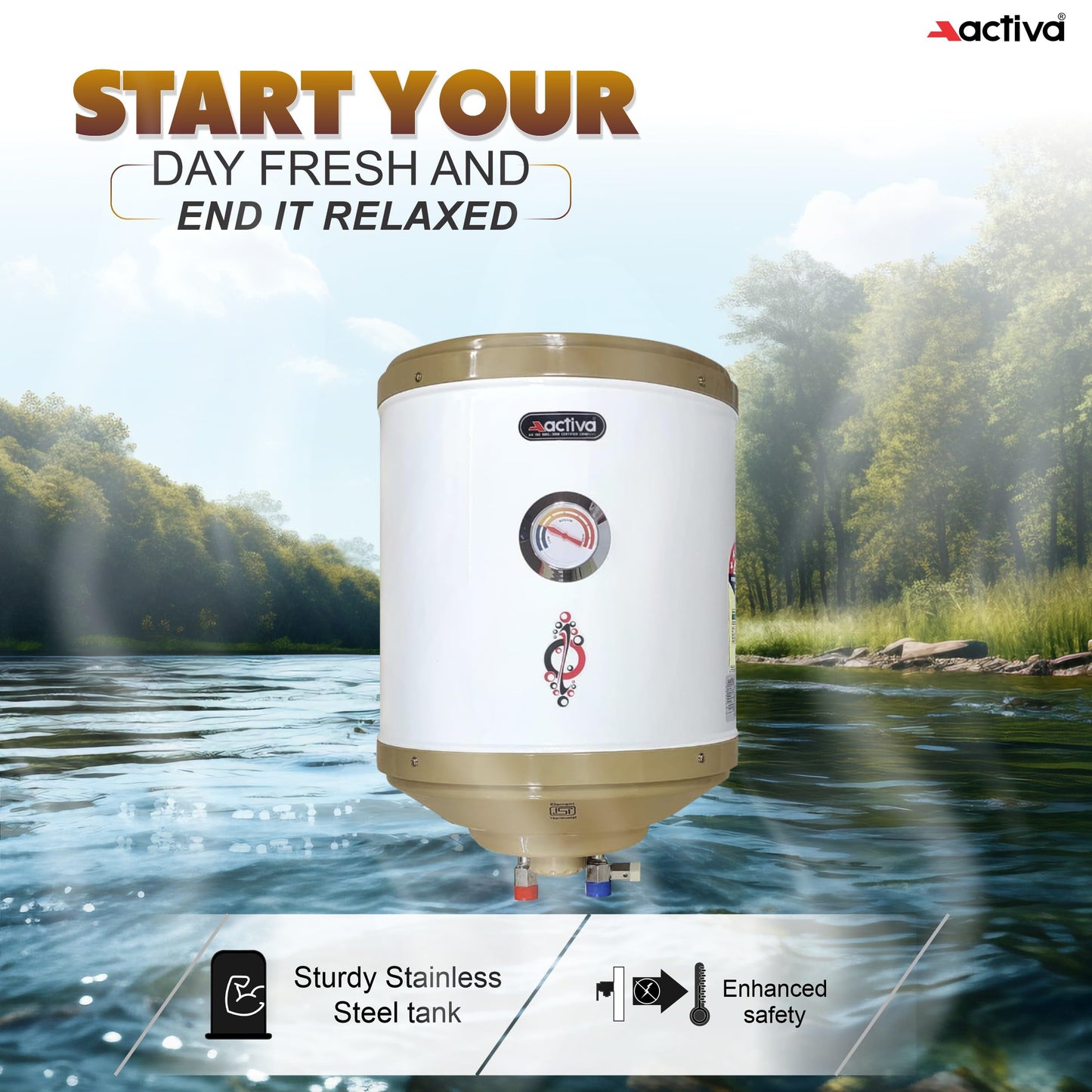 Activa 15L Water Heater Geyser with Temperature Meter, 2 KVA ISI Cooper Element, 0.75mm Anti Rust Coated Tank, ABS Body, BEE 5 Start Rated, Adjustable Thermostat, Free Instalation Kit, 5 Year Warranty 
