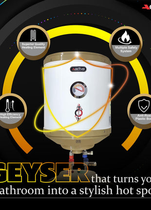 Activa 15L Water Heater Geyser with Temperature Meter, 2 KVA ISI Cooper Element, 0.75mm Anti Rust Coated Tank, ABS Body, BEE 5 Start Rated, Adjustable Thermostat, Free Instalation Kit, 5 Year Warranty 
