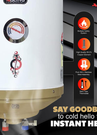 Activa 15L Water Heater Geyser with Temperature Meter, 2 KVA ISI Cooper Element, 0.75mm Anti Rust Coated Tank, ABS Body, BEE 5 Start Rated, Adjustable Thermostat, Free Instalation Kit, 5 Year Warranty 