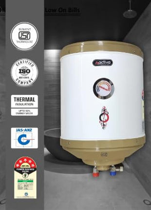 Activa 15L Water Heater Geyser with Temperature Meter, 2 KVA ISI Cooper Element, 0.75mm Anti Rust Coated Tank, ABS Body, BEE 5 Start Rated, Adjustable Thermostat, Free Instalation Kit, 5 Year Warranty 