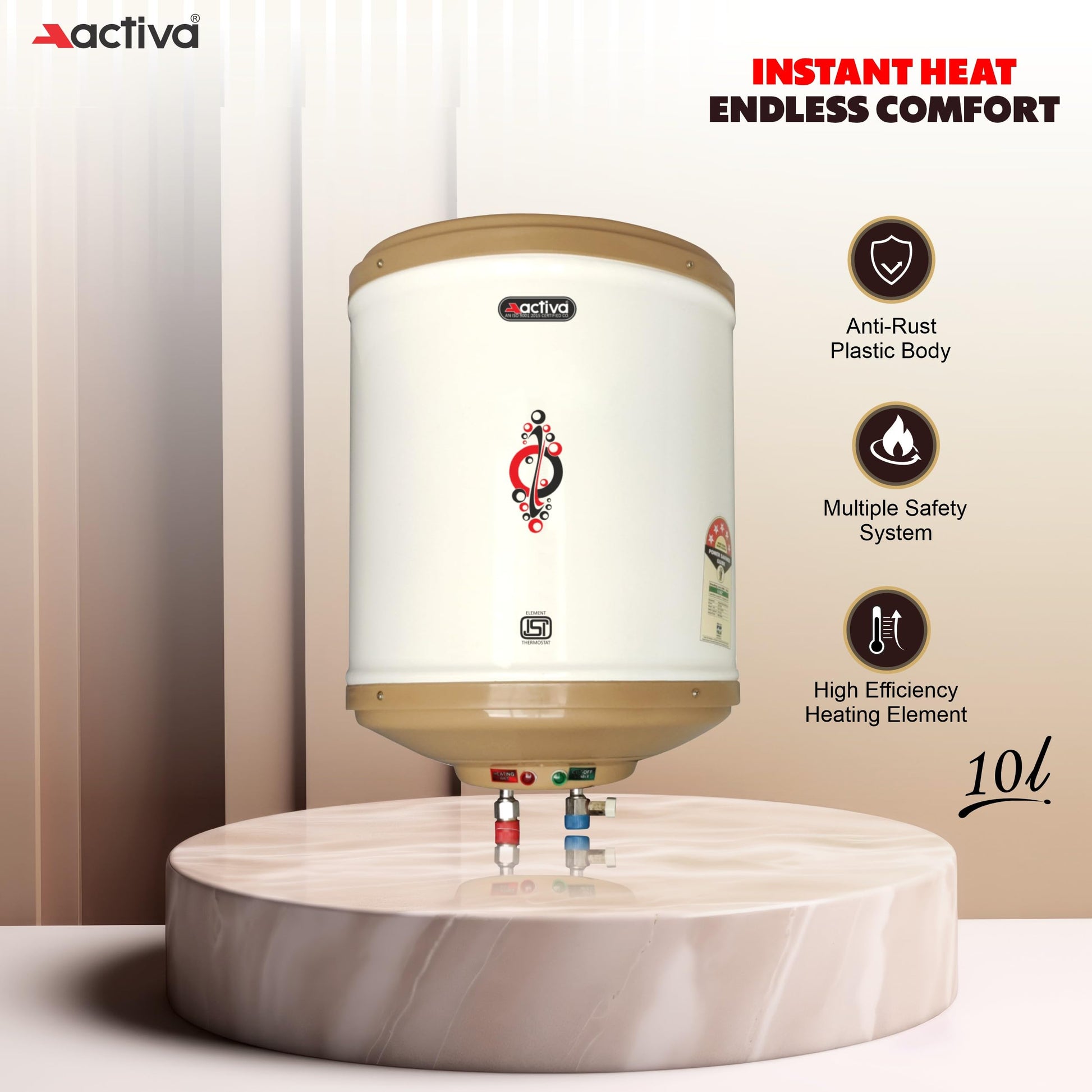 Activa Amazon 10 Liter Water Heater Geyser, ISI Copper Element 3 KVA (0.8mm), Instant Heat Water, Anti Rust Coated Tank, ABS Body, BEE 5 Start Rating, Energy Efficient, 5 Year Warranty - IVORY 