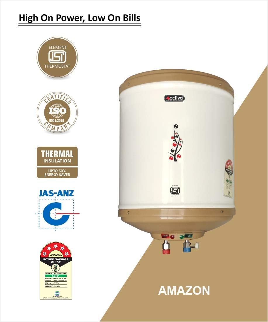 Activa Amazon 10 Liter Water Heater Geyser, ISI Copper Element 3 KVA (0.8mm), Instant Heat Water, Anti Rust Coated Tank, ABS Body, BEE 5 Start Rating, Energy Efficient, 5 Year Warranty - IVORY 
