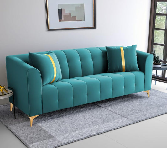 Adorn India Premium Mystic - 3 Years Warranty - 3 Seater Sofa Velvet Suede Fabric - Aqua Blue 