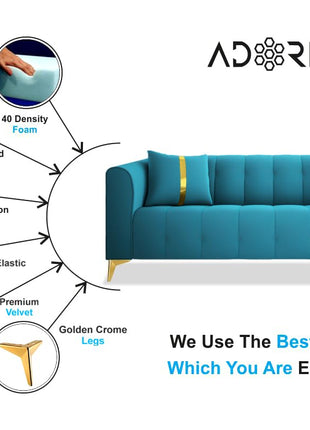 Adorn India Premium Mystic - 3 Years Warranty - 3 Seater Sofa Velvet Suede Fabric - Aqua Blue 