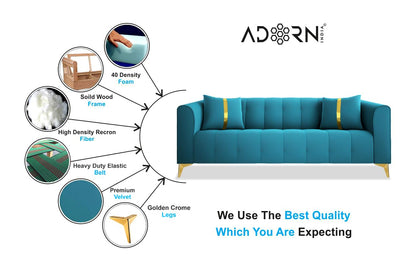 Adorn India Premium Mystic - 3 Years Warranty - 3 Seater Sofa Velvet Suede Fabric - Aqua Blue 