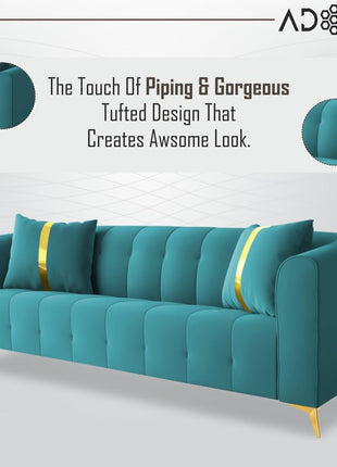 Adorn India Premium Mystic - 3 Years Warranty - 3 Seater Sofa Velvet Suede Fabric - Aqua Blue 