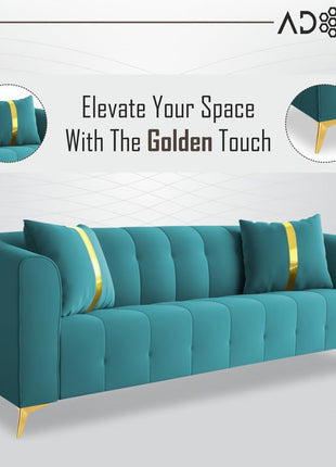 Adorn India Premium Mystic - 3 Years Warranty - 3 Seater Sofa Velvet Suede Fabric - Aqua Blue 