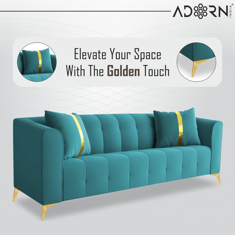 Adorn India Premium Mystic - 3 Years Warranty - 3 Seater Sofa Velvet Suede Fabric - Aqua Blue 