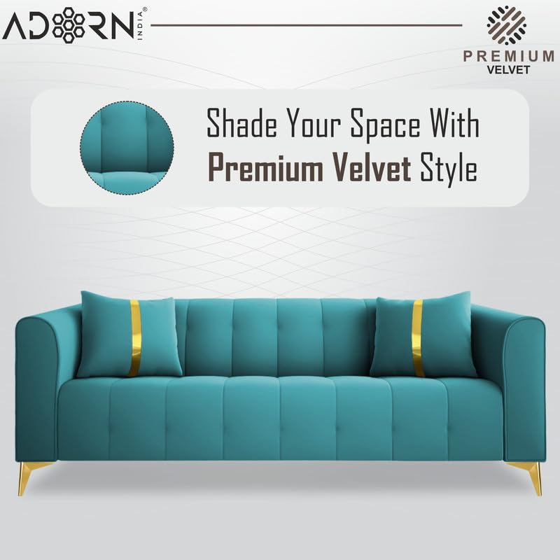 Adorn India Premium Mystic - 3 Years Warranty - 3 Seater Sofa Velvet Suede Fabric - Aqua Blue 