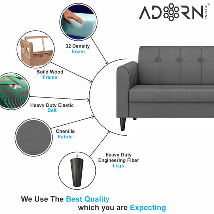 Adorn India Rio Elegant 3 Seater Sofa (Grey) (3 Year Warranty) 