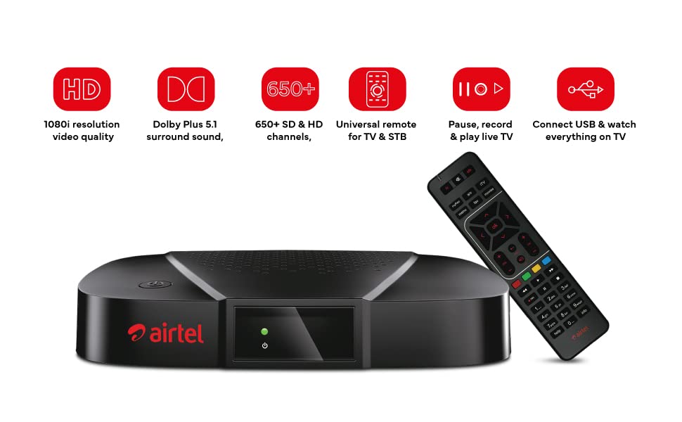 Airtel DTH HD Set Top Box | 1 Month Entertainment HD Pack I Free Standard Installation|Recording Feature