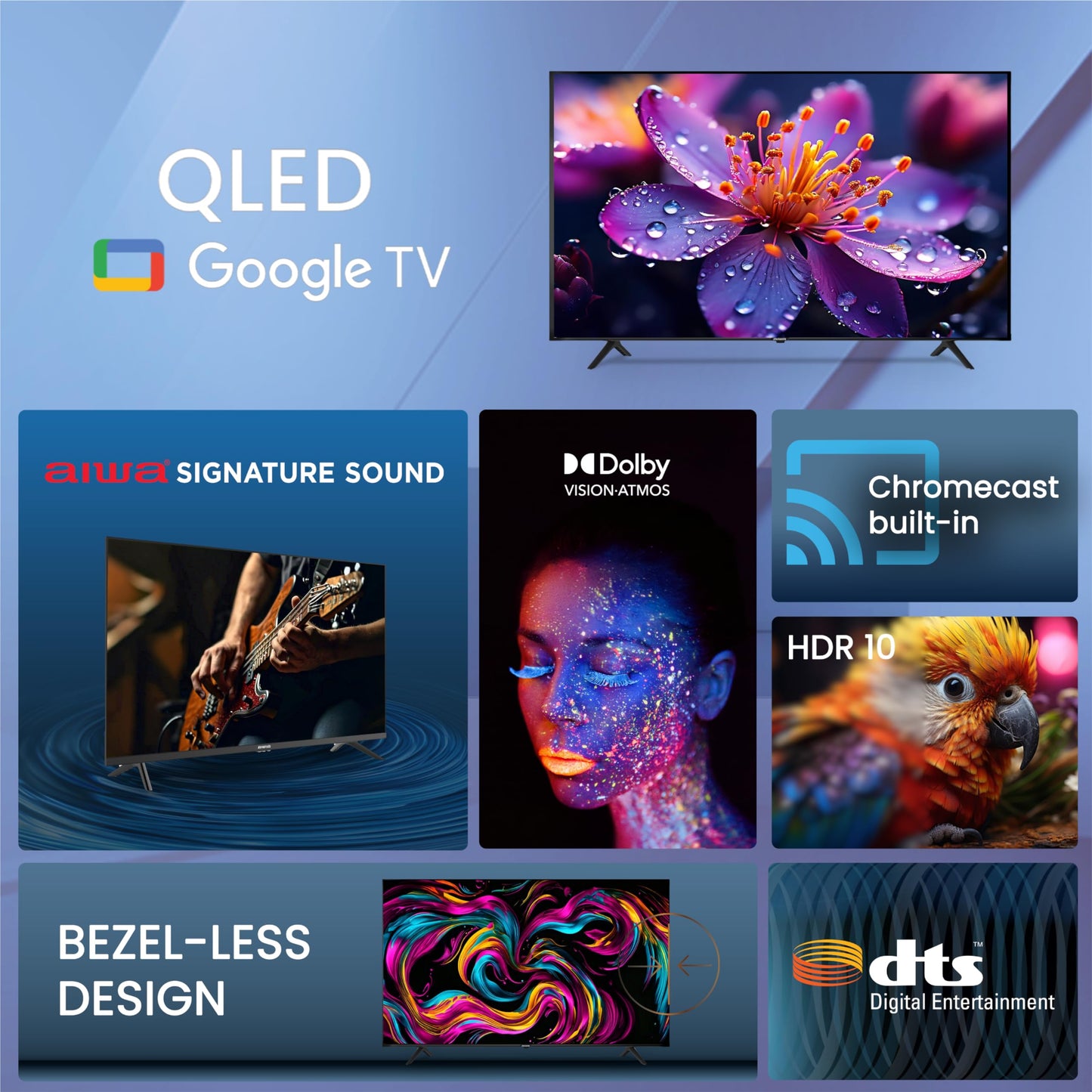 Aiwa 139 cm (55 inches) QLED Display 4K Ultra HD | Google TV | Smart TV | Dolby Vision | Magnifiq Series Bezel-Less | 2 GB RAM | 16 GB Storage | Dolby Atmos Audio | Signature Sound | AS55QUHDX3-GTV 