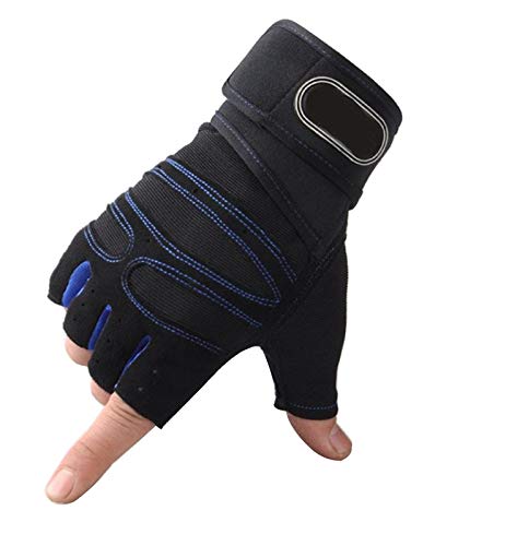 Alexvyan Imported Long Strap Gym and Fitness Sports Protective Half Finger Hand Riding, Cycling, Bike Motorcycle Gloves for Men and Boy (Black and Blue, Universal) 