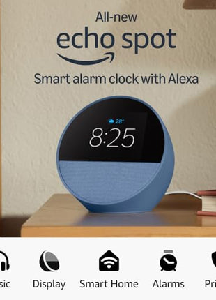 All-new Echo Spot, Smart alarm clock with vibrant sound, Alexa and Bluetooth | Blue 