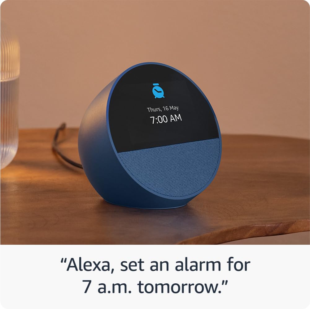 All-new Echo Spot, Smart alarm clock with vibrant sound, Alexa and Bluetooth | Blue 