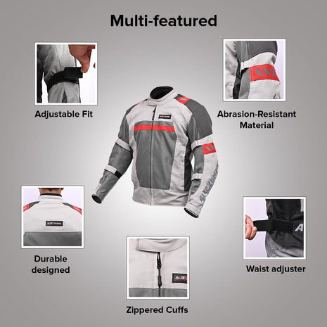 Allextreme BAZOOKA Bike Riding Jacket Mesh Fabric Racer Motorcycle with Back Elbows Shoulders Protection and All Season Night Visibility Sticker for Men (M, Grey/Red) 