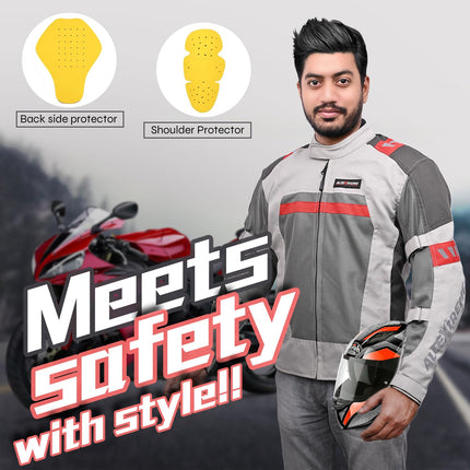 Allextreme BAZOOKA Bike Riding Jacket Mesh Fabric Racer Motorcycle with Back Elbows Shoulders Protection and All Season Night Visibility Sticker for Men (M, Grey/Red) 