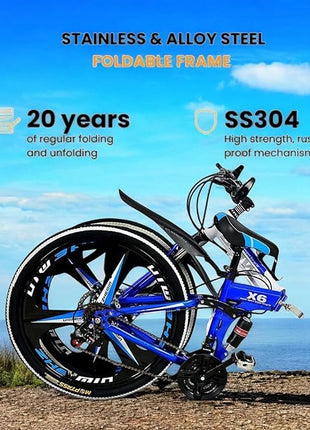 Amaze Kai Dual Suspension Bikes Latest Bmv Foldable Gear Cycle for Men with 21 Speed Gear 3 Spoke | Folding Mountain Bike with Double Disc Break & Mac Wheel, 26 Inch (Blue) 
