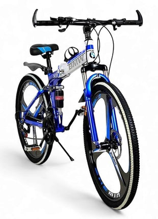 Amaze Kai Dual Suspension Bikes Latest Bmv Foldable Gear Cycle for Men with 21 Speed Gear 3 Spoke | Folding Mountain Bike with Double Disc Break & Mac Wheel, 26 Inch (Blue) 