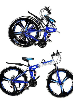 Amaze Kai Dual Suspension Bikes Latest Bmv Foldable Gear Cycle for Men with 21 Speed Gear 3 Spoke | Folding Mountain Bike with Double Disc Break & Mac Wheel, 26 Inch (Blue) 
