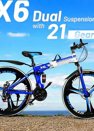 Amaze Kai Dual Suspension Bikes Latest Bmv Foldable Gear Cycle for Men with 21 Speed Gear 3 Spoke | Folding Mountain Bike with Double Disc Break & Mac Wheel, 26 Inch (Blue) 