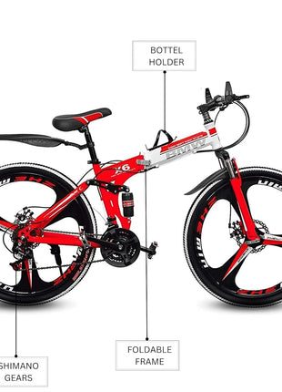 Amaze Kai Dual Suspension Bikes Latest Bmv Foldable Gear Cycle for Men with 21 Speed Gear 3 Spoke | Folding Mountain Bike with Double Disc Break & Mac Wheel, 26 Inch (red) 