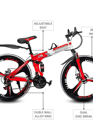 Amaze Kai Dual Suspension Bikes Latest Bmv Foldable Gear Cycle for Men with 21 Speed Gear 3 Spoke | Folding Mountain Bike with Double Disc Break & Mac Wheel, 26 Inch (red) 