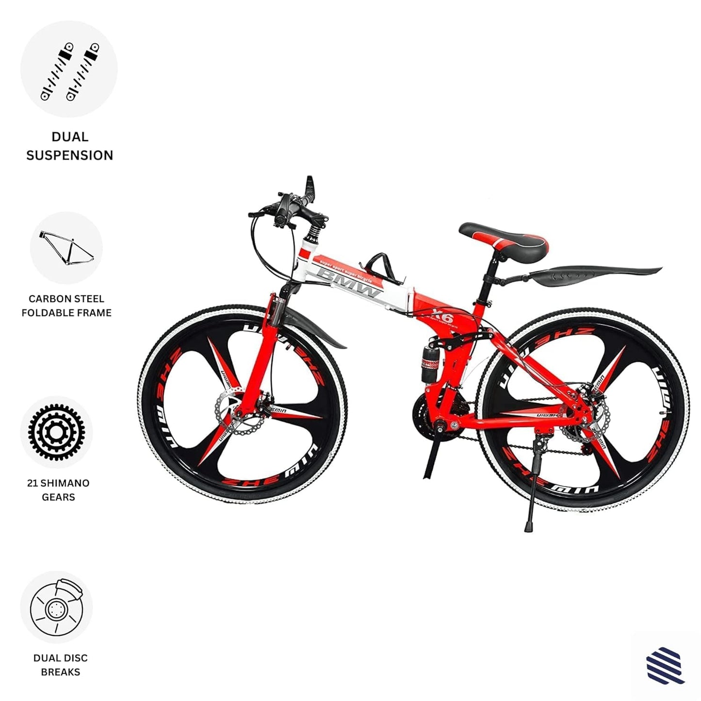 Amaze Kai Dual Suspension Bikes Latest Bmv Foldable Gear Cycle for Men with 21 Speed Gear 3 Spoke | Folding Mountain Bike with Double Disc Break & Mac Wheel, 26 Inch (red) 