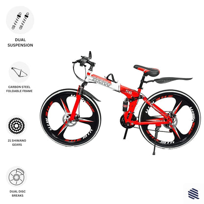 Amaze Kai Dual Suspension Bikes Latest Bmv Foldable Gear Cycle for Men with 21 Speed Gear 3 Spoke | Folding Mountain Bike with Double Disc Break & Mac Wheel, 26 Inch (red) 
