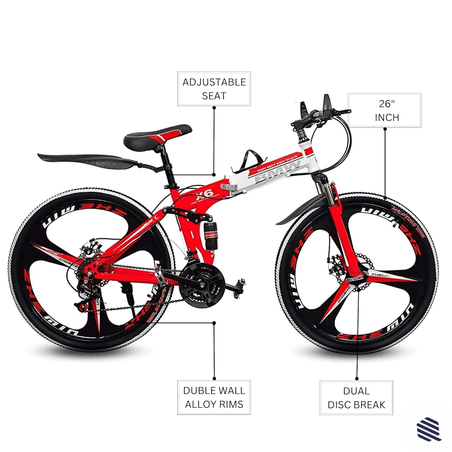 Amaze Kai Dual Suspension Bikes Latest Bmv Foldable Gear Cycle for Men with 21 Speed Gear 3 Spoke | Folding Mountain Bike with Double Disc Break & Mac Wheel, 26 Inch (red) 